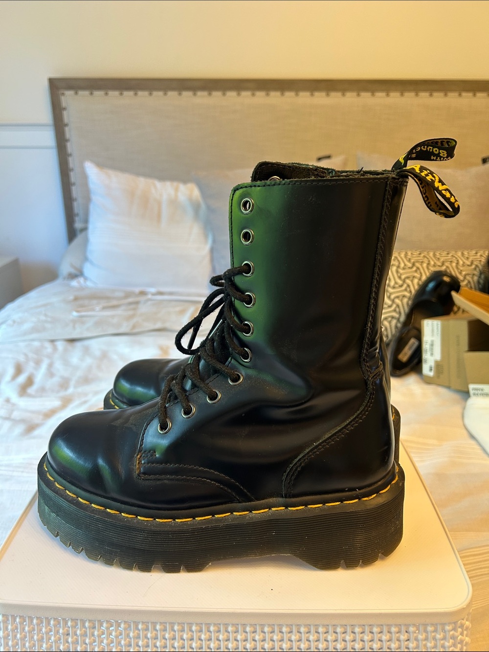 Dr. Martens Black Leather Platform Lace-Up Boots with Yellow Stitching